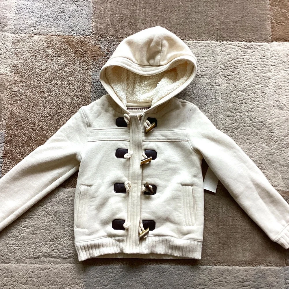NEW OLD NAVY GIRLS CREAM COLOR FLEECE ZIPPED JACKET W SHERPA HOODY XS